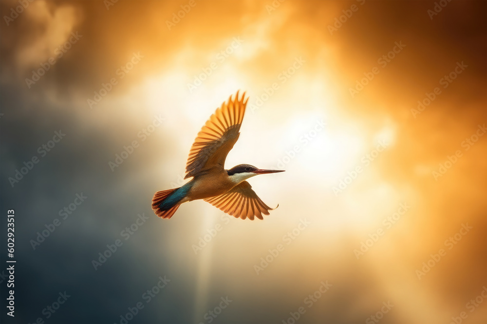 Javan kingfisher flying on background
