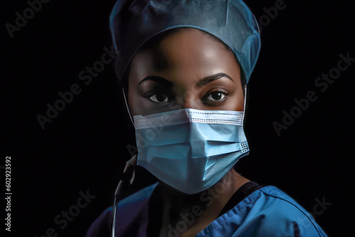 Nurse wearing a face mask, looking at the camerra in a blue medical coat photo