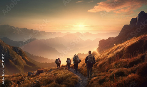 Tourists are moving towards the mountains landscape behind which the bright sun rises, several climbers are moving towards the big mountains, generated ai
