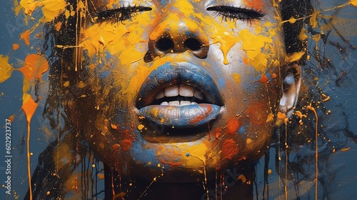 Beautiful fashion model with creative art makeup. Abstract colourful splash make-up. Woman with blue and yellow paint splatters on her face. Art model. Concept of creativity, fashion. Generative AI
