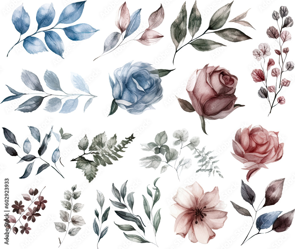 Set of watercolor flowers leaves and twigs on a white background.ai generated
