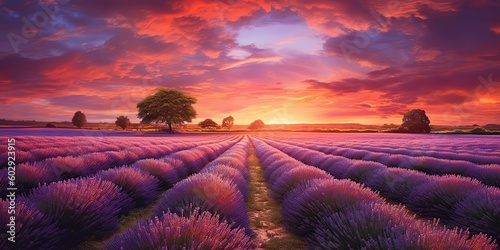 AI Generated. AI Generative. Photo realistic illustration of pink romantic farm lavendar field landscape. Graphic Art