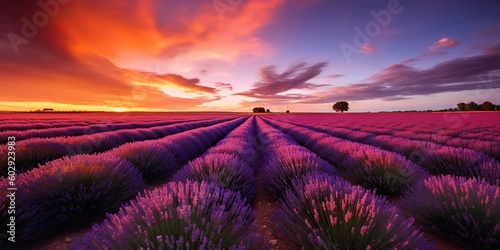 AI Generated. AI Generative. Photo realistic illustration of pink romantic farm lavendar field landscape. Graphic Art