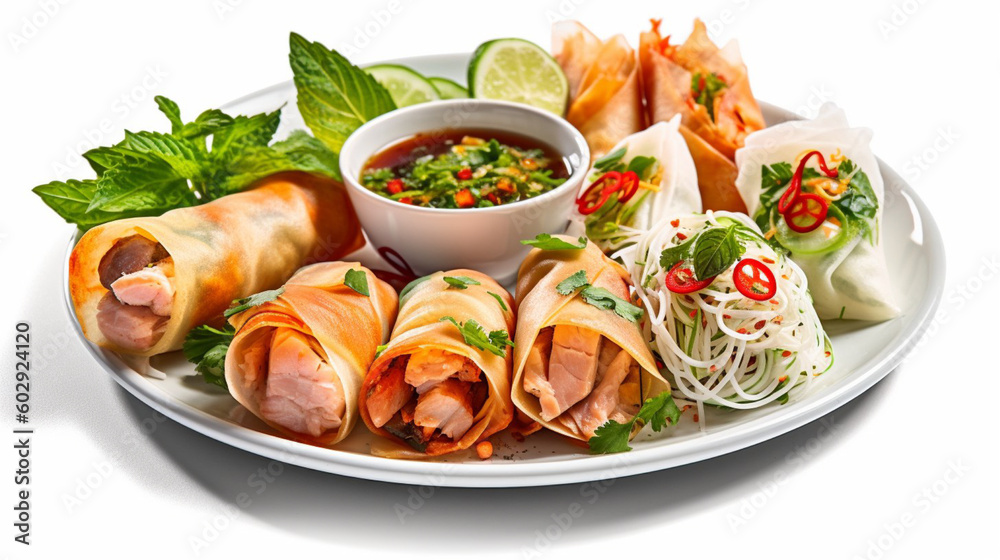 A plate of food spring rolls with a sauce on it Generative AI - obrazy, fototapety, plakaty 
