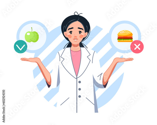 A woman nutritionist with an apple and a hamburger in her hands. Choose between healthy and unhealthy food, fast food and a balanced menu. Comparison of fast food and balanced menu. Vector