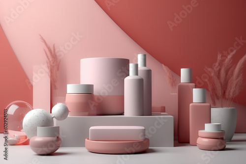 Beauty and Skincare Products  Summer Fresh  Trendy Minimalistic Design - Ecofriendly Packaging of Luxury Vegan  Natural  Organic Cosmetics - Moisturizer and Serum Bottles  Jars on 3D Background