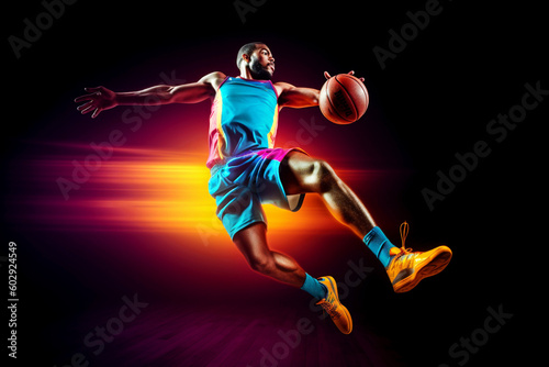 Portrait of cool colorful basketball player jumps with ball on dark background. Empty space. Generative Ai content
