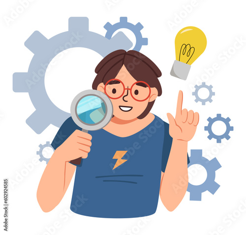 Smart boy with loupe. Schoolboy holds magnifying glass against background of gears and light bulb. Idea and insight, creative personality, cognitive abilities. Cartoon flat vector illustration