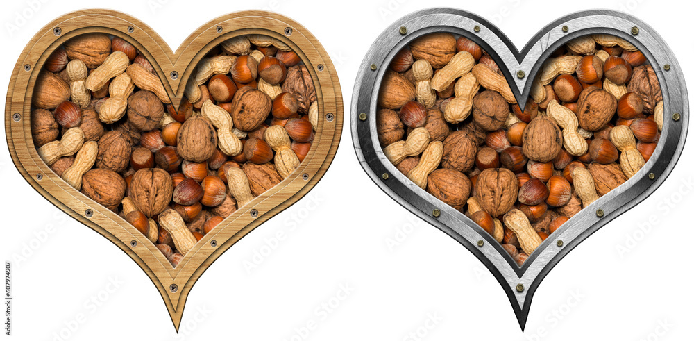 Obraz premium Hearts with wooden and metal frame with dried fruit mix inside (peanuts, walnuts, hazelnuts), isolated on white or transparent background. 3D illustration and photography. Png.