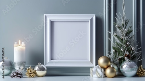 Empty photo frame in christmas interior background, blank mockup template