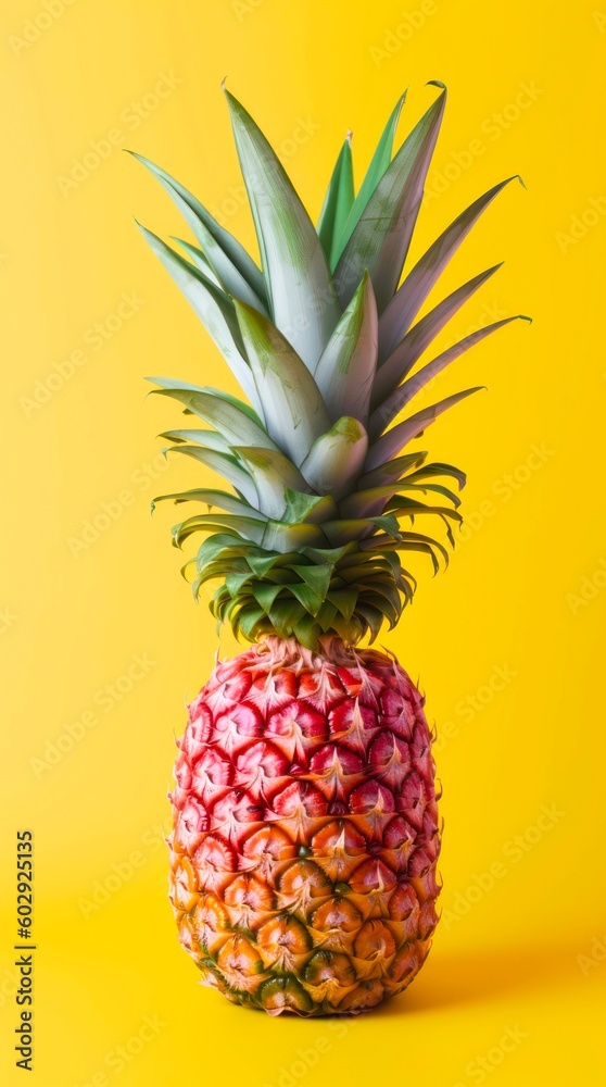 Closeup pineapple on bright yellow background. Generative AI.