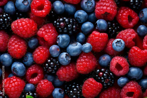 Background of raspberries  blueberries  currants. AI generated