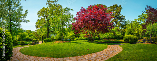 Japanese Garden at Roger Williams Park, Providence, Rhode Island, circular footpath, red maple and green willow trees on the hill