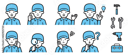 様々な表情やポーズをとる作業員男性のイラストセット