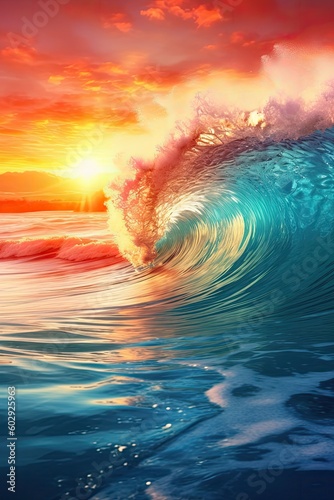 Colorful ocean wave. Sea water wave shape. Sunset light and beautiful clouds on beach background. Generative AI