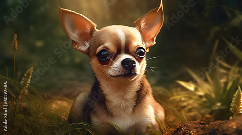 Chihuahua in the park. Small mexican dog on green grass background. Generative AI