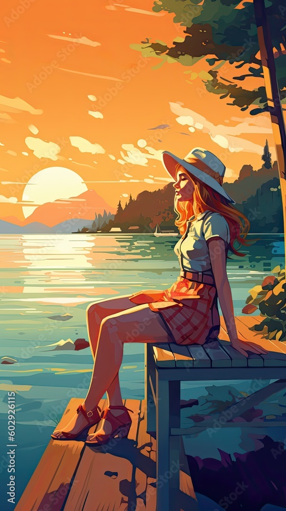 Young beautiful woman, hipster outfit, traveler. Sitting and waiting summer sunset. Generative AI