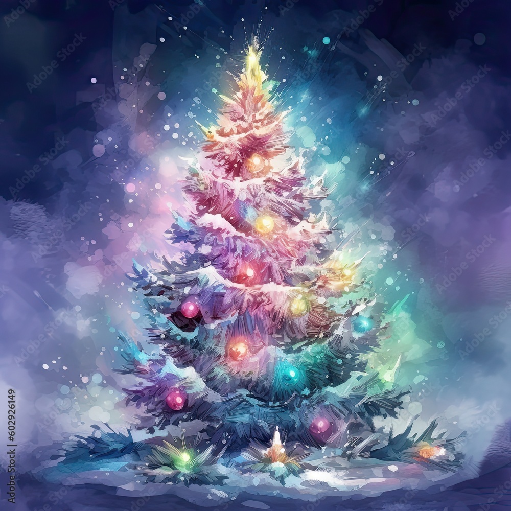 Decorated with ornaments and lights Christmas tree on dark background. Merry Christmas and Happy holidays banner. Generative AI Decorated with ornaments and lights Christmas tree on dark background. Merry Christmas and Happy holidays banner. Generative AI