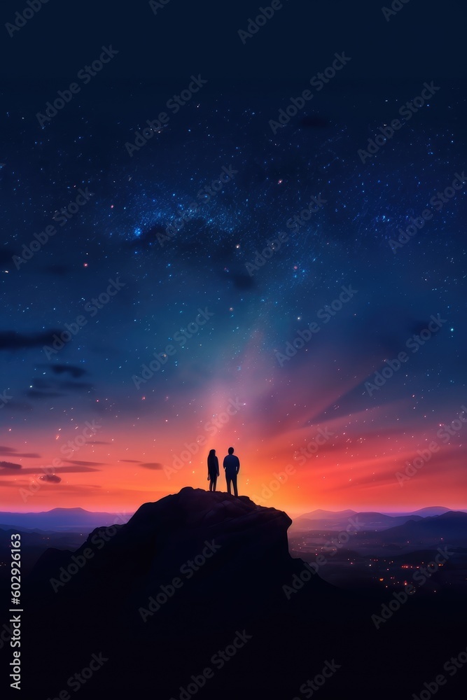 Dark silhouette of young couple hiker were standing at the top of the mountain looking at the stars at twilight sky. Generative AI