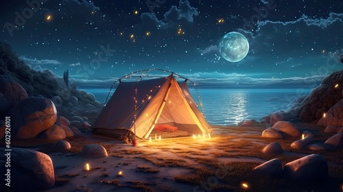 A tent glows under a night sky full of stars. Generative AI