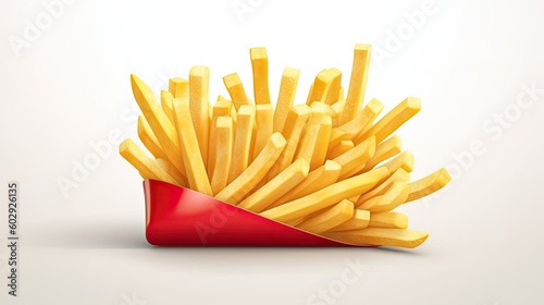 French fries potato illustration. Fast food in red box. Delicious crispy potatoes. Generative AI