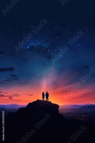 Dark silhouette of young couple hiker were standing at the top of the mountain looking at the stars at twilight sky. Generative AI