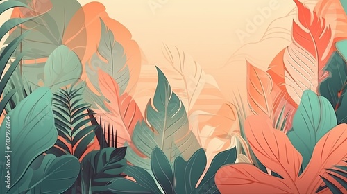 Abstract tropical leaves background. Modern boho floral illustration. Elegant nature design. Generative AI