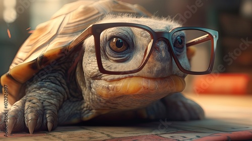 Turtle with glasses, teacher concept illustration. Old tortoise love reading. Wildlife animal background. Generative AI