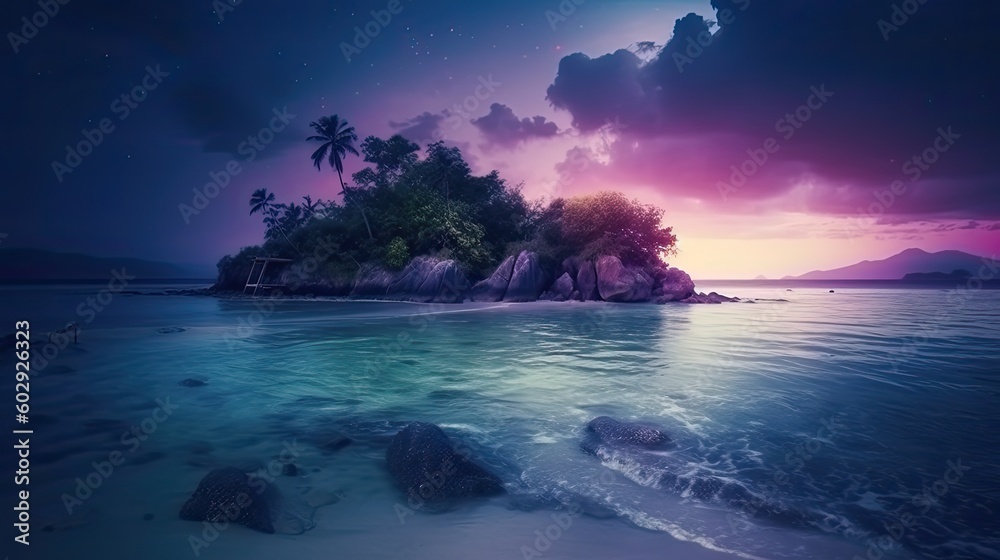 Summer beach with blue water and purple sky at twilight time. Generative AI