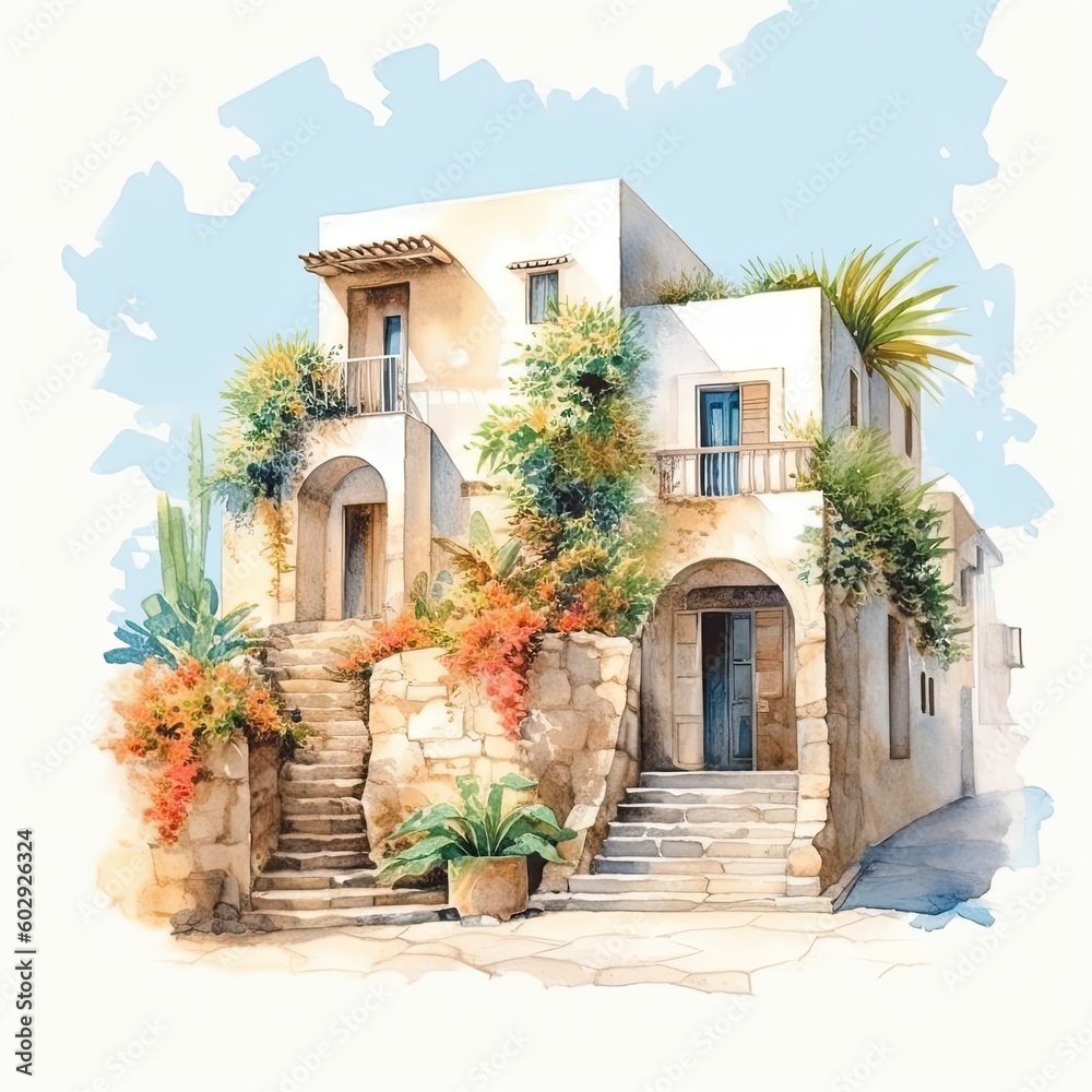 Mediterranean minimal wall architecture and plant exterior. Generative AI