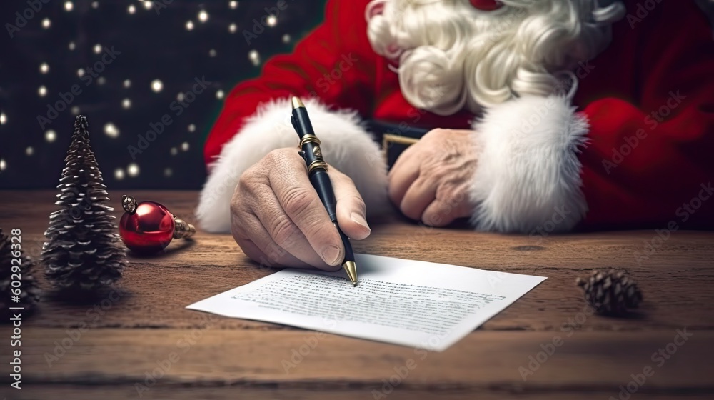Close up of Santa Claus hands writing letter on wooden desk with copy space. Generative AI Close up of Santa Claus hands writing letter on wooden desk with copy space. Generative AI