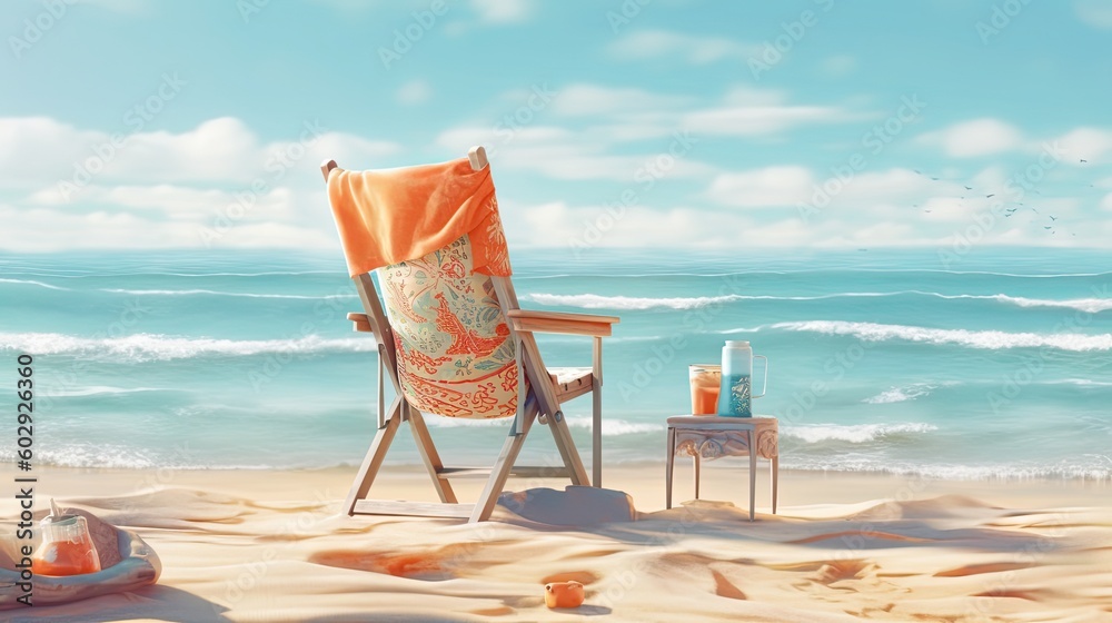 Chair on the sandy beach near the sea. Summer holiday and vacation concept. Generative AI Chair on the sandy beach near the sea. Summer holiday and vacation concept. Generative AI