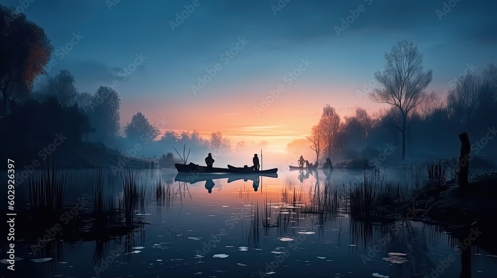 Silhouette of fishing people on boats and mist at lake with twilight sky. Generative AI