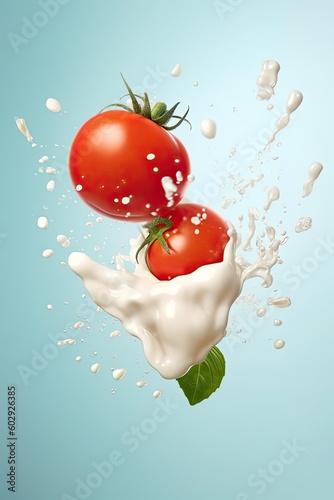 Falling tomatoes with melted mozzarella cheese background. Caprese salad ingredients. Generative AI