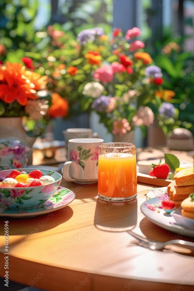 Colourful decorated breakfast table in summer setting. Summer garden patio terrace. Generative AI