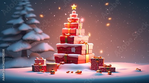 Happy New Year background. Green Christmas tree with star and box of gifts strewn with snow on red round podium. Generative AI
