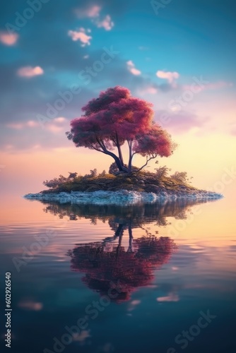 Beautiful landscape nature view sunrise morning with reflections light over water surface during twilight. Generative AI
