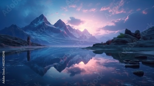 Mountain lake with perfect reflection at sunrise. Beautiful landscape with purple sky, snowy mountains at twilight. Generative AI © tanyastock