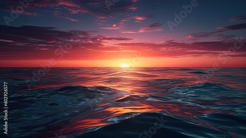 View of sunset into the calm ocean with twilight sky. Generative AI