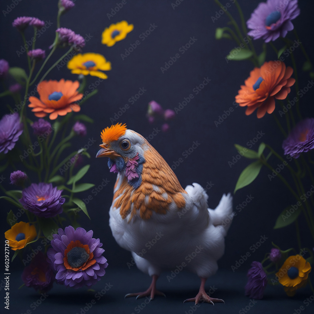 Fototapeta premium Cute chicken with colorful flowers, created with Generative AI technology