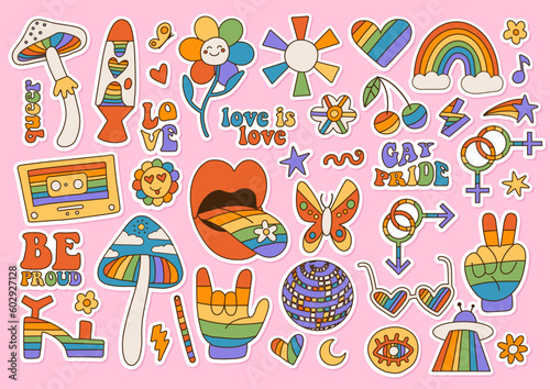 Stickers kit with LGBTQ community symbols with retro rainbow flag colored elements, pride symbols, gender signs. Pride month slogan and phrases quotes. Gay parade groovy celebration. Vector design