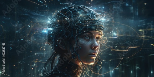 A woman's head with electronic components, cables and technology, futuristic humanoid. Portrait of AI in the form of a girl. A pretty cyborg woman half human half robot. Generative AI