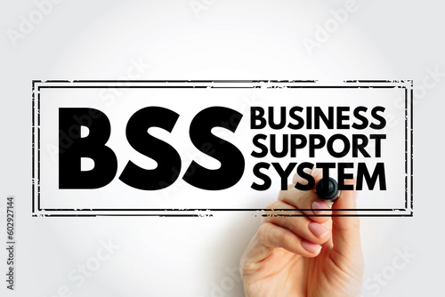 BSS Business Support System - components that a telecommunications service provider uses to run its business operations towards customers, acronym text stamp concept background