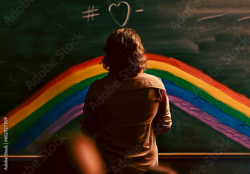 LGBTQ teacher blackboard rainbow community heart hashtag promote inclusion in young people Generative AI
