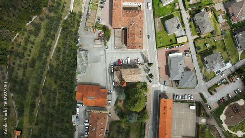 Madruzzo village, Trento in Italy. Aerial top-down directly above photo