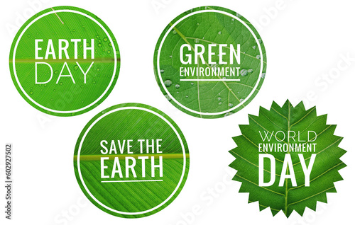 World environment day sticker collections on white background, ecological and environmental logo with green leaf pattern