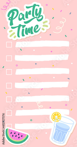 Pink daily planner. Checklist, diary and notebook, memo. Preparing for holiday or festival. Sheet of paper with watermelon and inscription party time. Cartoon flat vector illustration