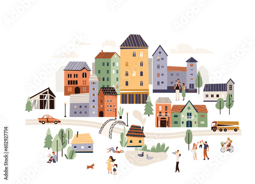 City life scene with people vector illustration. Flat modern town