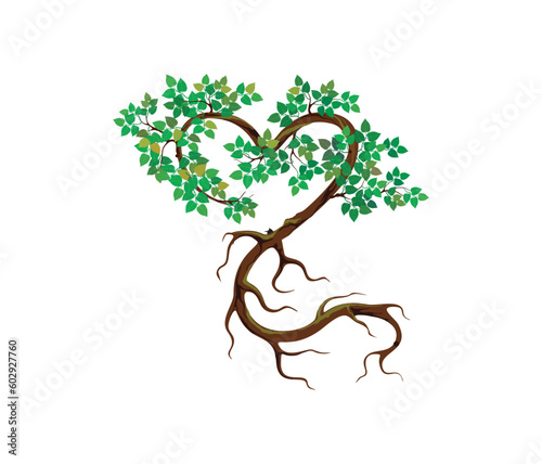 heart shaped tree with leaves illustration, unique bonsai tree and roots.