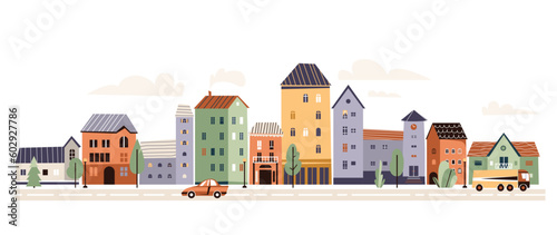 City street with houses, street light, tree, car, road vector